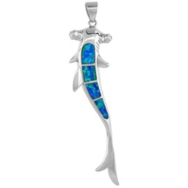 Sterling Silver Synthetic Opal Hammerhead Shark Necklace Cubic Zirconia Accent 2 inch 16 inch ROPH_25