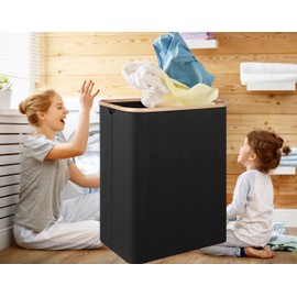 YCJYZLF Large Laundry Hamper with Lid and Bamboo Handles,Tall Collapsible Laundry Basket with Lid and Removable Laundry Bag,Foldable Clothes Hampers for Laundry,Bedroom,Dorm,Towels,Toys (150L, Black)