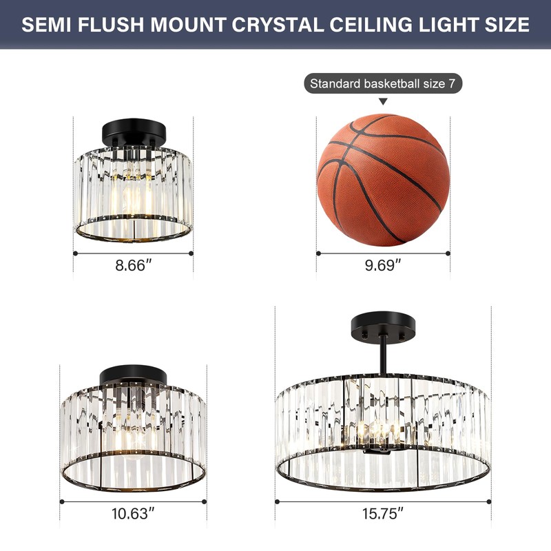 VIOLOEMI Crystal Black Semi Flush Mount Ceiling Light Modern Hallway