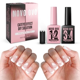 NOVO OVO UV Nail Glue (Also Work as Builder Gel) and Top Coat (with Cat Eye Effect) Kit, Hema TPO Free, Super Strong Adhesive for Press on Acrylic Nails, CatEye Gel Glitter Polish, Magnet Included