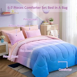 Dinjoy Girls Comforter Set Twin Size Colorful Rainbow Ombre Pink Blue Bedding Set Gradient 6 Pieces Bed in A Bag for Kids Teen Girl Women(1 Comforter, 1 Flat Sheet, 1 Fitted Sheet)