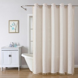 Boho Farmhouse Shower Curtain with Tassel - Striped Polyester Linen Blend Fabric Shower Curtain Set with PEVA Liner,Waterproof Curtain for Bathroom (No Hooks Require, Beige)
