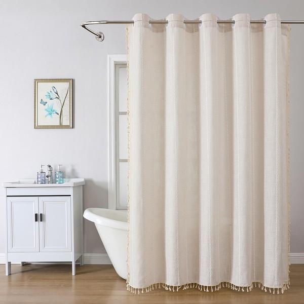 Boho Farmhouse Shower Curtain with Tassel - Striped Polyester Linen