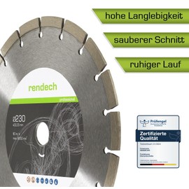 Rendech Profi Diamantscheibe 230mm fr Stein, Beton, Granit, Ziegel uvm. - Diamanttrennscheibe mit hoher Schneidleistung | rendech? Markenqualit?t