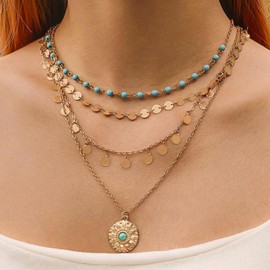 Boho Gold Layered Necklaces for Women Trendy Stackable Bohemian Layering Turquoise Herringbone Paperclip Chain Choker Necklace Jewelry Gifts