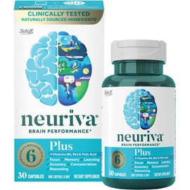 Suplemento cerebral de acción rápida - NEURIVA Plus (30 unidades en una botella), Plus B6, B12 y ácido fólico, soporta 6 indicadores de rendimiento cerebral: enfoque, memoria, aprendizaje, precisión, concentración (paquete de 3)