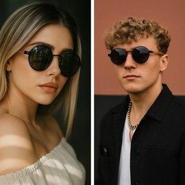 WOODONLY Wooden Round Polarised Sunglasses - Fashion Metal Frame Sunglasses for Men and Women Perfect Gifts, black