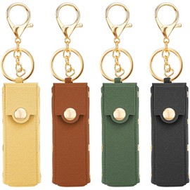4 Pcs Lipstick Holder Keychain PU Leather Chapstick Case Keychain Lip Balm Organizer Holder Lip Gloss Keychain Holder Portable Sleeve Lipstick Travel Storage Case for Women (Green+Brown+Black+Yellow)