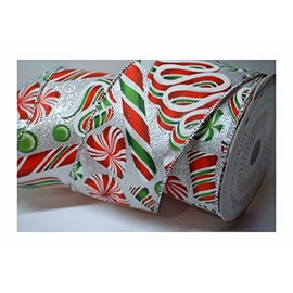 10m x 2.5” (63mm) Roll Wire Wired Edged Edge Christmas Ribbon Tree Tinsel Wreath Gift Bows. from a UK Specialist Company (Silver Glitter Candy Cane Swirl)