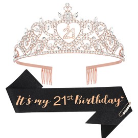 Araluky Happy 21st Birthday Decorations for Her with 21st Birthday Sash and Crown for Women, 21st Birthday Crown and Sash Happy Birthday Sash for Women 21st Birthday Gifts for Her Set