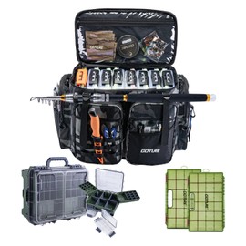 Goture Large Tackle Bag, Included 1 Utility Tackle Box and 2 3700-Size Trays, 600D Water Resistant Saltwater Gear Storage Big Fishing Bag with EVA Bottom, Removable Dividers, Fishing Gifts for Men