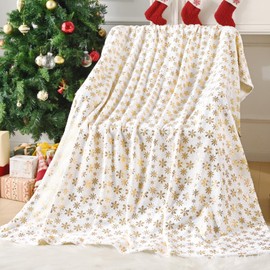 FRAMICS Christmas Throw Blanket, Gold Snowflake Foil Print Throw Blanket, White Flannel Fleece Throw Blanket for Couch, Soft Cozy Luxury Blanket for Sofa Bed Christmas Decor, 60" x 80"