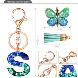 Initial letter Keychains for Women Tassel Butterfly Pink Purple Cute Car Keychain for Wallet Backpack bag charm (S-Blue Green)