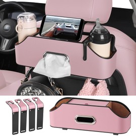 Sancaral Car Rear Backseat Extra Multifunctional Drink Cup Holder Organizers with Tissue Storage Box Organizer & Hooks for Car Seat Back. Pink