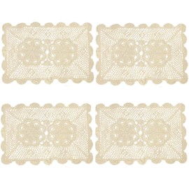 kilofly Crochet Cotton Lace Table Placemats Doilies Set, 4pc, Oblong, Beige, 15 x 23 inch