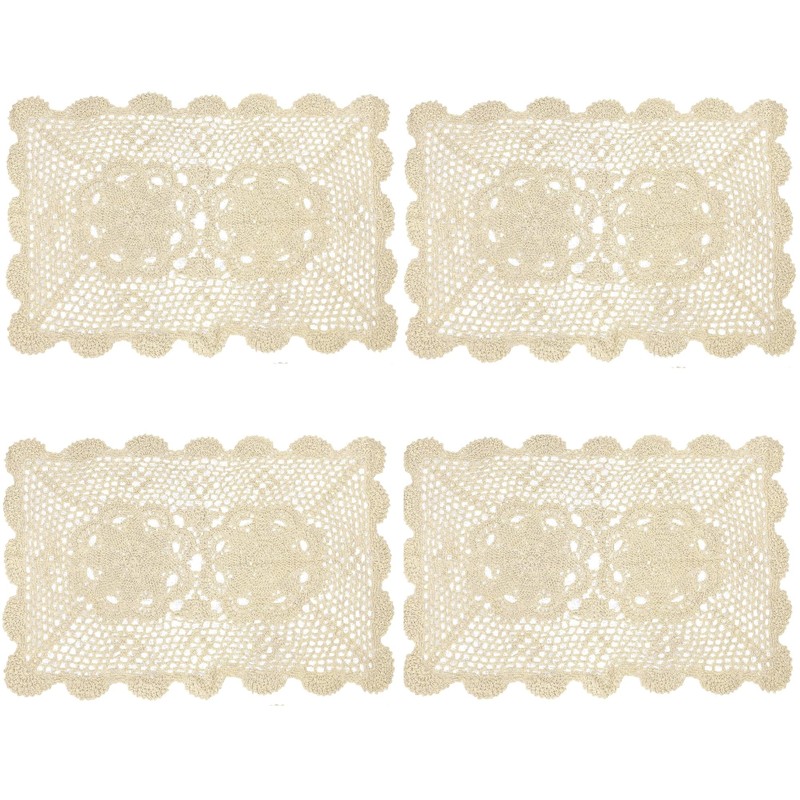 kilofly Crochet Cotton Lace Table Placemats Doilies Set, 4pc, Oblong,