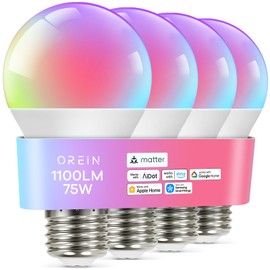 OREiN Matter Smart Light Bulb, 1100 Lumens 75W Equivalent Smart Light Bulbs, Color Changing Light Bulbs Work with Apple Home, Alexa, Google Home, SmartThings, A19 Smart Bulbs 2.4Ghz WiFi, 4Pack