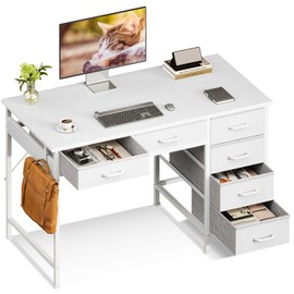 MOTPK Computer Desk with 6 Drawers, 40 Inch Small Desk with Headphone Hook, Reversible Desk for Home Office, White