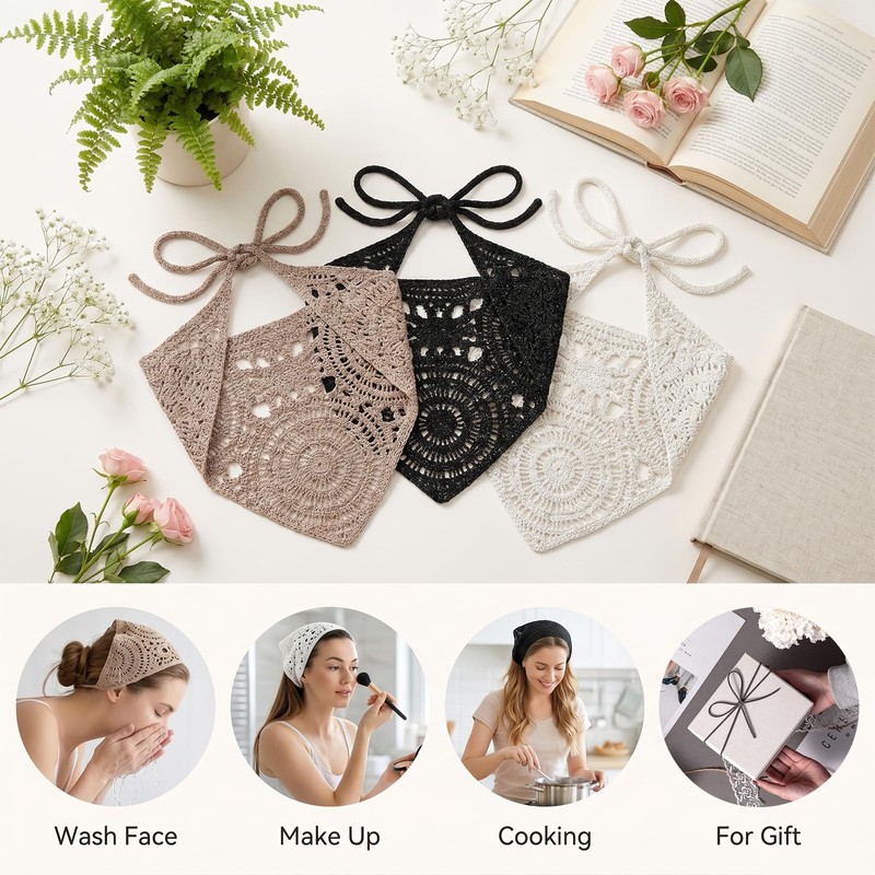3 Pcs Crochet Bandana, Triangle Head Scarf (White Black, Khaki)