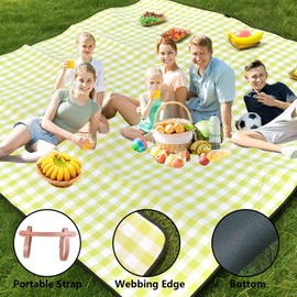 Campsuper 79”x79” Picnic Blanket Extra Large, Waterproof and Foldable Beach Blanket, 3-Layer Outdoor Blanket for 6 to 8 Adults, for Camping, Park, Beach, Grass, Indoors (Cyan and White Grids)