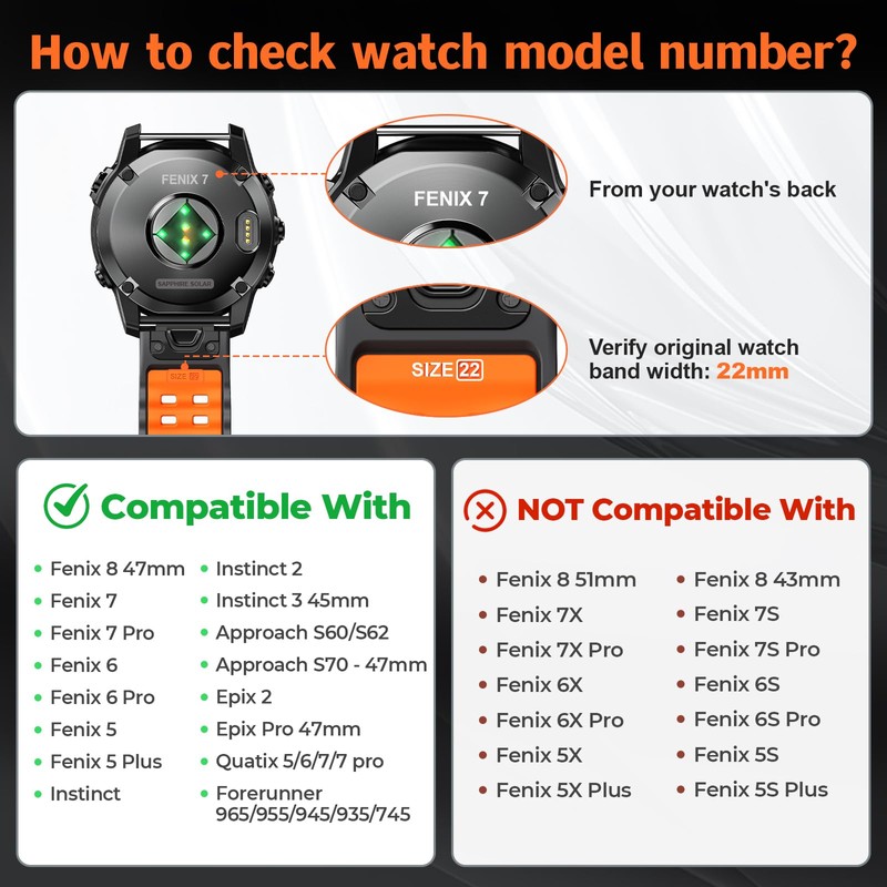 Quickfit 22mm Watch Bands for Garmin Fenix 8 47mm/7/6/5, Sports