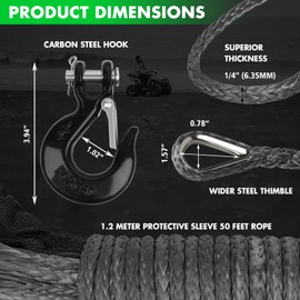 STEGODON Synthetic Winch Rope, 1/4'' x 50ft 10,000LBS Synthetic Winch Line 1/4 Winch Cable Replacement Synthetic Rope with Forged Winch Hook and Rubber Stopper for 4WD Off Road Vehicle ATV UTV (Gray)