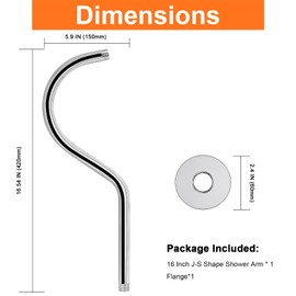 HarJue S Shaped Shower Arm, High Rise Shower Head Extension Pipe Standard 1/2" Connection with Flange, Awesome Shower Experience-Stainless Steel Bathroom Accessory(16 Inch J-S Shape, Chrome Finish)