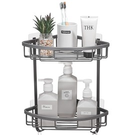 GRICOL Shower Shelf No Drilling Shower Shelf Metal Corner Shelf Shower Basket Rustproof Shower Shelf Bathroom Shelf with Sticker Bathroom Shelf for Bathroom and Kitchen 2 Levels Grey