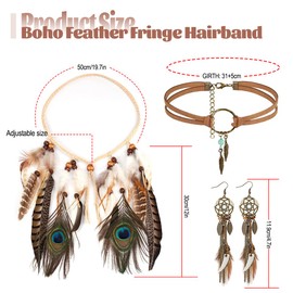 3-Piece Indian Head Jewellery Set, Indian Hippie Boho Feather Headband, Boho Dream Catcher Earrings, Leather Choker Necklace Set, Indian Jewellery for Hippie Costume, Vintage Carnival Jewellery