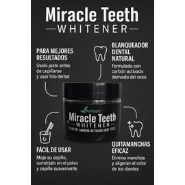 Miracle Teeth Whitener, Polvo Blanqueador Natural con Carbón Activado de Coco, 20g, Elimina Manchas de Café y Vino