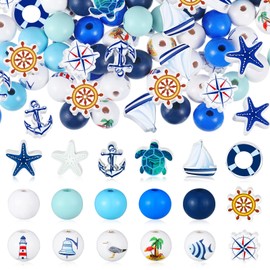 200 Pcs Ocean Theme Wood Beads for Crafts Colored Wooden Beads with Holes Blue Nautical Beads Cruise Beach Anchors Round Spacer Beads for Jewelry Making Bracelet Necklace Craft DIY Garland Home Decor