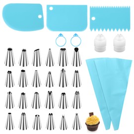 lasuroa 33uds Set de Mangas Pasteleras y Boquillas, Kit para Decorar Pasteles, con 24 Boquillas Glaseado 2 Mangas Pasteleras 2 Acopladores 3 Raspadores Ideal para Cupcakes Pasteles y Galletas