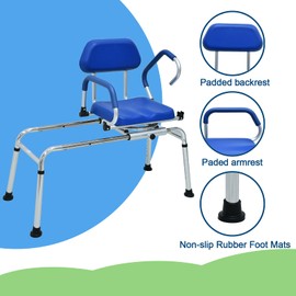 Loyoda Sliding Shower Chair Tub Transfer Bench with Swivel Seat, Premium Padded Seat and Backrest, Pivoting Arms, Height Adjustable for Tubs, Inside Shower, for Handicap & Seniors，350 Lbs