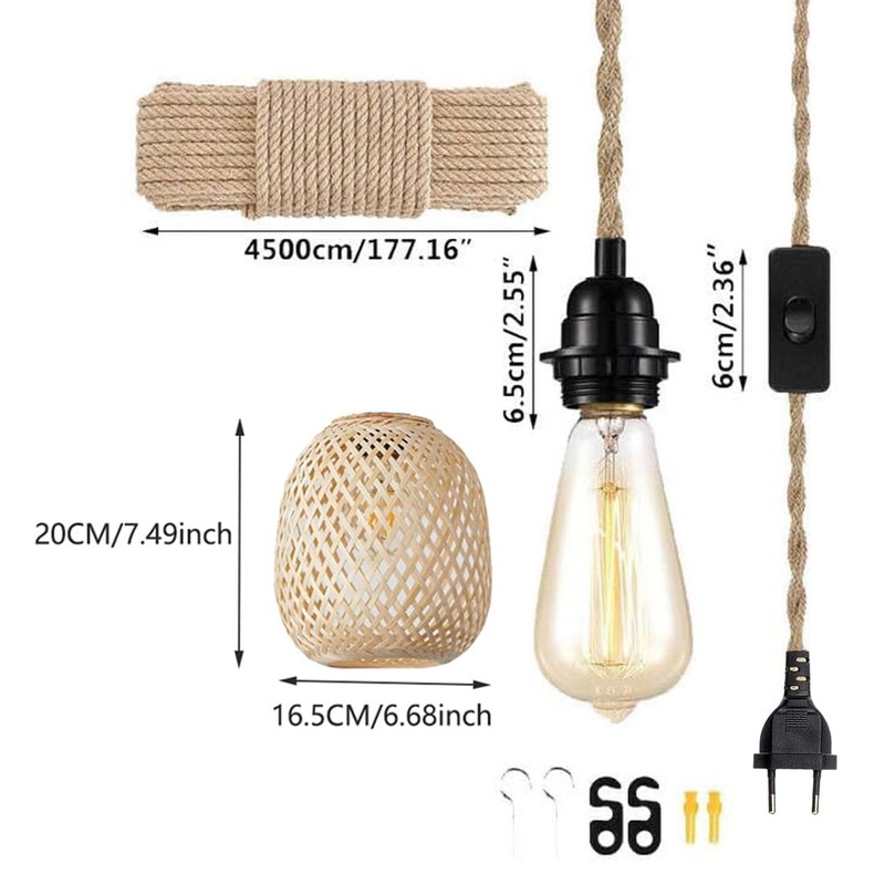 Hanging Lampshade with Plug, Outdoor Lamp, Hanging Boho Rattan Ceiling