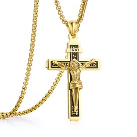 Rehoboth Jesus Christ on INRI Crucifix Stainless Steel Cross Pendant Necklace for Men Women 24 Inch Chain Gold