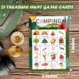 HMJKL Camping Scavenger Treasure Hunt Game Cards, Outdoor Nature Scavenger Hunt Games, Camping Theme Holiday Birthday Party Supplies Activities(25 Game Cards), 01