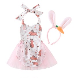 RWYBEIW Baby Girls Easter Bunny Costume Romper Tutu Dress with Rabbit Ear Headband Newborn Easter Bunny Cosplay Outfit Sets (Pink, 6-12 Months)