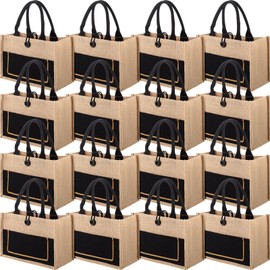 16 Pieces Jute Burlap Totes Jute Tote Bags Reusable Burlap Bags with Handles for Wedding Shopping, 11.8 x 7.87 x 5.5 Inches (Black)