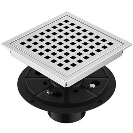 EXF 6 Inch Square Shower Drain Chrome, Stainless Steel Shower Floor Drain Kit with ABS Flange, Removable Grid Cover, Hair Strainer