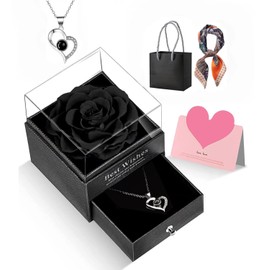 Gifts for Her Preserved Rose Eternal Rose with I Love You Necklace Wiggle Rose Gift Box Eternal Real Rose Flower for Mother's Day Birthday Anniversary Gift Box for Mother Girlfriend Wife