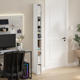 Furinno Fulda Book Shelf, 10-Tier Bookshelf, Space Saving Storage Shelf Bookcase, 9.2 x 5.9 x 78.7, for Living Room, Bedroom, Home Office, White