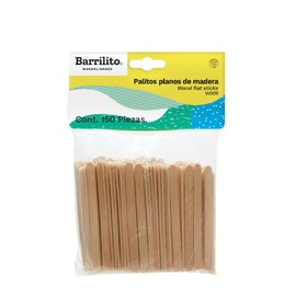 Barrilito Palitos planos de madera en color natural, medidas 0.7 X 7.5 cm. Paquete con 150 piezas. W009