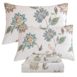 QSH Floral Bed Sheets King Size - 100% Egyptian Cotton Floral Bedding Sheets Botanical Leaves Flower Pattern Printed Bedding King Size Bed Sheets 17.5" Extra Deep Pocket 4pcs