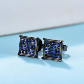Mens Square Earrings Blue Stud Diamond Crystal Big 316L Surgical Stainless Steel Post for Sensitive Ear Cool Guy Jewelry Gift Men, Women Unisex 8mm -Tarsus