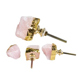 AMOYSTONE Stone Drawer Pulls Knobs Kitchen Cabinet Knobs 4 Pack Rose Quartz with Gold Foil, Drawer Pulls Door Handles Knobs Irregular 1~1.5" (30-40mm) Cabinet Decor