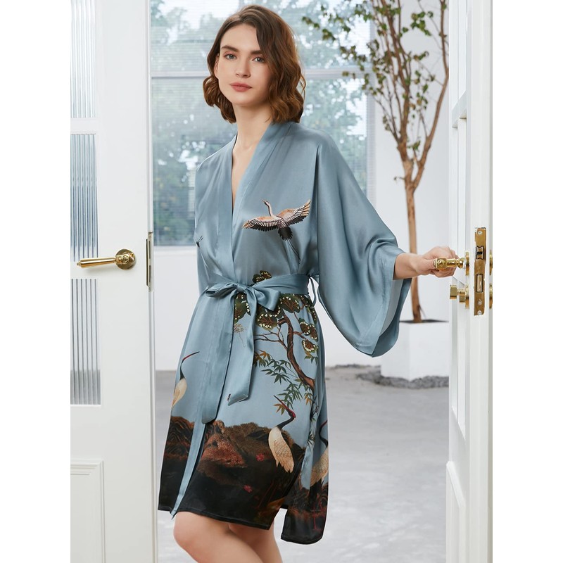 Ledamon Women's 100% Silk Kimono Short Robe (Blue gray)