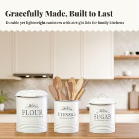 noonberry Kitchen Canisters for Countertop – 5-Piece Airtight Canister Sets for the Kitchen Counter with Utensil Holder – Flour Sugar Coffee Tea Containers – Cream-White Magnolia Finish
