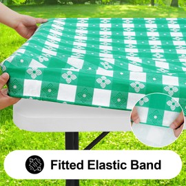 Spotjoy Rectangle Picnic Table Cloth, Waterproof Elastic Fitted Outdoor Table Covers for 6 Foot Tables, Flannel Backed Plastic Vinyl Tablecloths for Camping, Dining and Indoor (30"x72", White & Green)