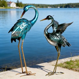 Ratuor Garden Crane Statues Blue Heron Metal Birds Yard Art Ornament