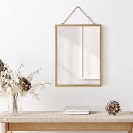 EMAISON Gold Hanging Mirror with Chain, 12 x 16 Inch Rustic Wall Decor for Bathroom, Entry, Dining Room, and Living Room. Metal Rectangle Vanity Mirror, Decorative Mirror.